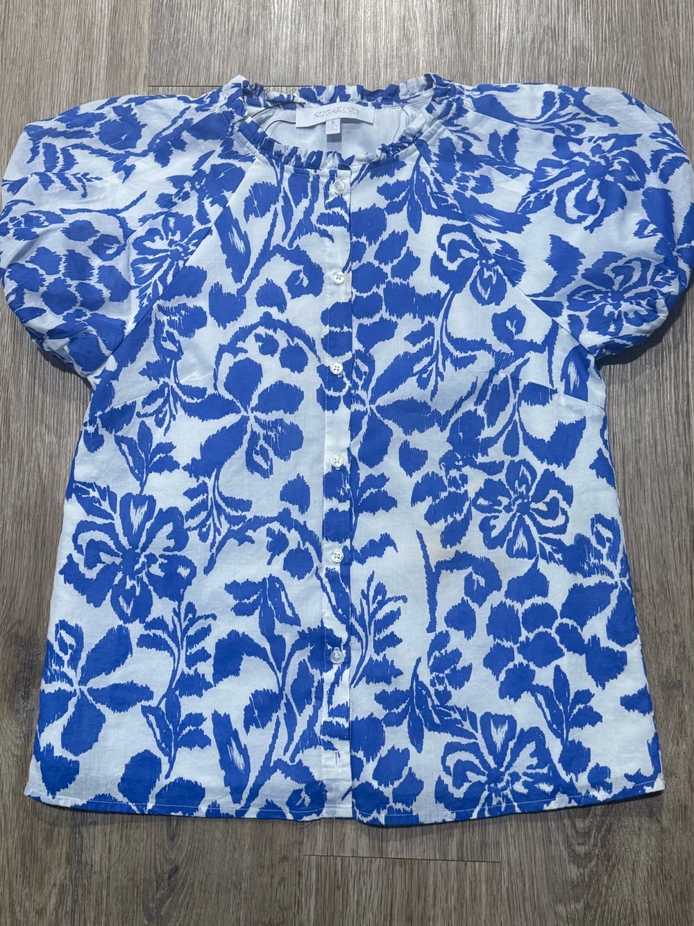 Sugarlips Blue White Floral Puff Sleeve Top Ruffle Collar Old Money Classic NWOT